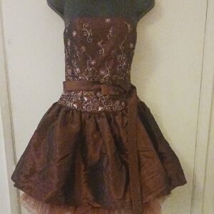Elegant Brown Backless Dress Taffeta Mesh Bottom  Glass Beads Sz.S